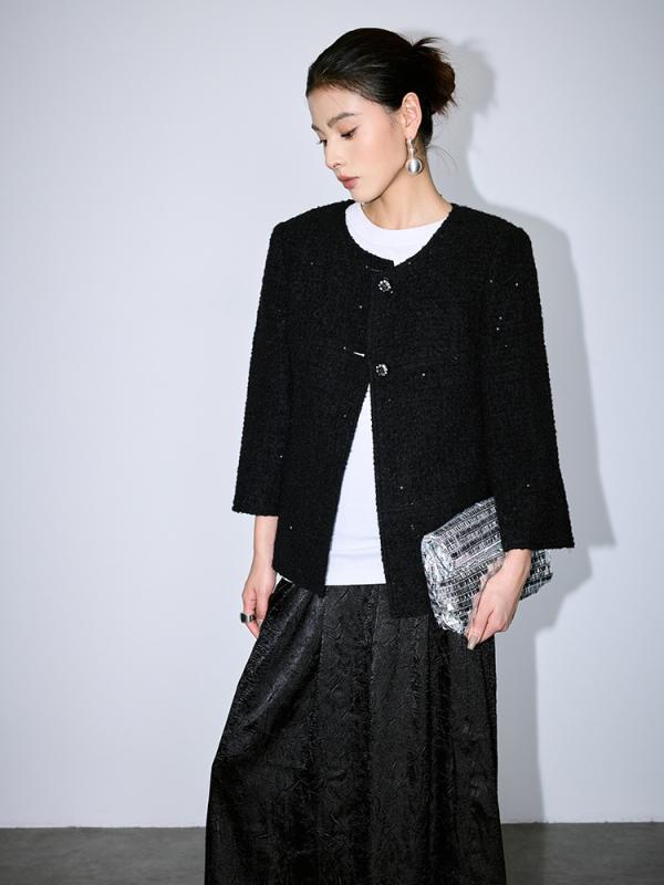 秋冬 レディース ジャケット アルパカ毛 ショート丈 9分袖 ツイード 高級感 エレガント 暖か 軽量 通勤 コーディネート トップス 切り替え デザイン 吸湿速乾 再生繊維 ミックス