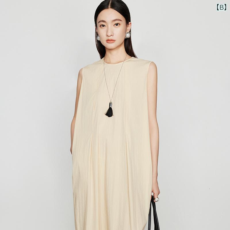 ワンピース レディース 春夏 ノースリーブ スリット キャミソール 高級感 シンプル ゆったりシルエット ロングドレス 日常使い 軽やか 涼しい ルーズフィット Aライン