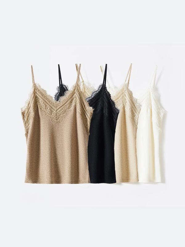 レディース 秋冬 キャミソール 切り替えレース Vネック カシミア スリムフィット インナー ニット トップス ボディシェイプ 接触冷感 吸湿速乾 軽量 修身 显瘦 吊带背心 打底シャツ 針織内衣 女性用 修身显瘦 羊绒材质 蕾丝拼接 V领设计 秋新款内