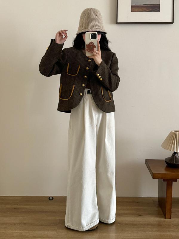 レディース 秋冬 羊毛ツイード コート 短丈 小柄対応 気質 ラウンドネック 上品 アウター 粗ツイード ジャケット 暖か スタイリッシュ ..