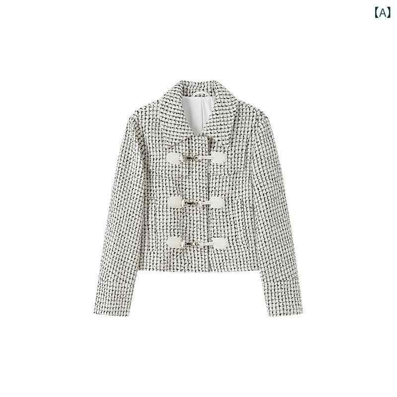 レディース テーラードジャケット 秋冬 羊毛 ツイード ラペル 黒白チェック ショート丈 デザイン 暖か 通勤 コーデ クラシック スタイル ウール混 格子柄 上品