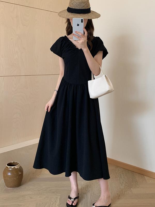 ワンピース レディース 春夏 フレンチ Vネック 背中開き ウエストシェイプ 短袖 プリーツ ロングスカート 高級感 スリム エレガント 気質 女性用 夏服 軽やか