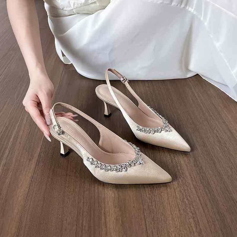 春夏 レディース ハイヒールサンダル 羊皮革 ポインテッドトゥ フレンチスタイル ラインストーン 優しい風 後ろ空き 浅口 スカートコーデ 気質 エレガント 軽量 吸湿速乾