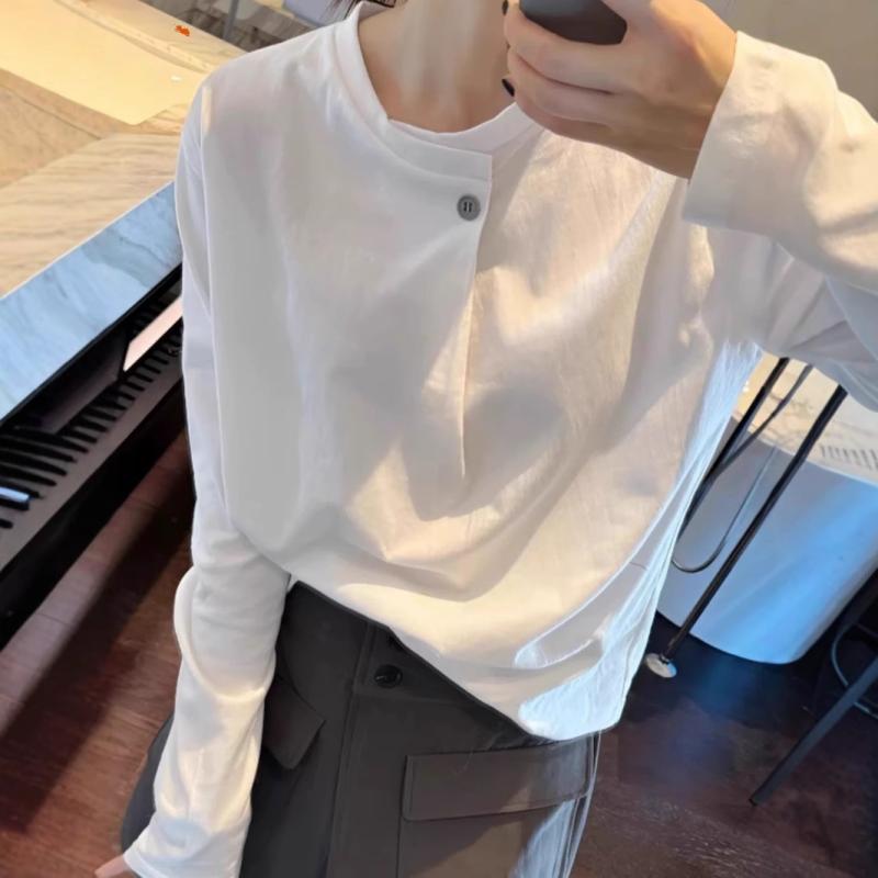 Tシャツ レディース 長袖 ホワイト 綿100% 通勤 無地 ボタン付き インナー アウター兼用 シンプル トップス 日常使い 快適 吸湿性