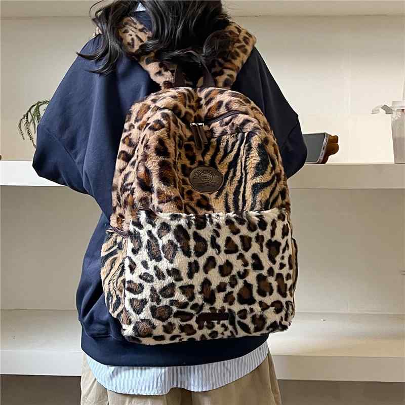 Other - 秋冬 レディース バックパック 大容量 フランネル ヒョウ柄 レトロ 学生 通学 シンプル ハンドバッグ 汎用 鞄