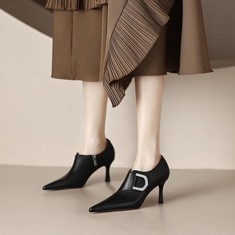 レディース 秋冬 アンクルブーツ フレンチスタイル 深い口 サイドジッパー スクエアバックル ポインテッドトゥ 細ヒール ハイヒール ショートブーツ 軽量 吸湿速乾 綿素材 ブラック系 ピンク系 通勤 通学 アウトドア 部屋着 高級感 ハイウエスト デニ