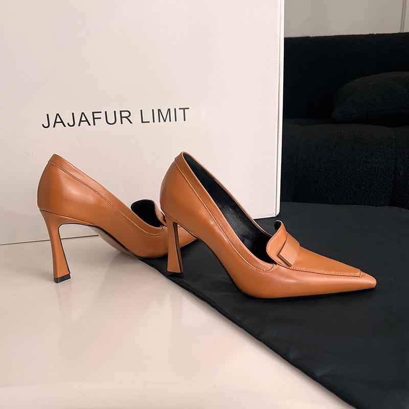 春夏 レディース オレンジ 牛革 復古 ポインテッドトゥ ミドルストラップ イージーオン 細ヒール 通勤 シングルシューズ 吸湿速乾 軽量 大きめサイズ対応(x2)