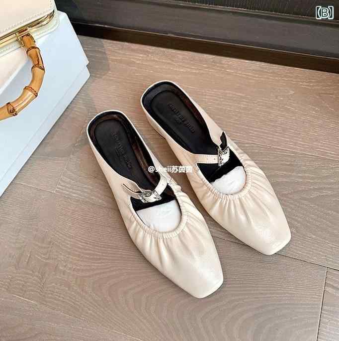 春夏 レディース サンダル スクエアトゥ 小牛革 しわ加工 太ヒール 半ドラッグ 外出用 インフルエンサー