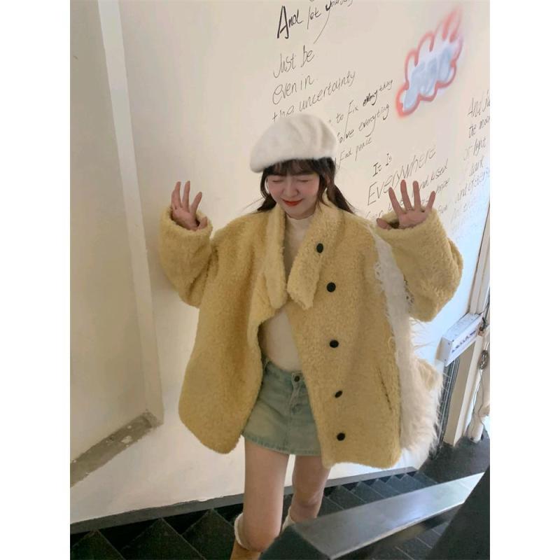 コート レディース 秋冬 スタンドカラー ファー一体 エコファー ゆったり ラムファー 厚手 暖か 羊羔毛..