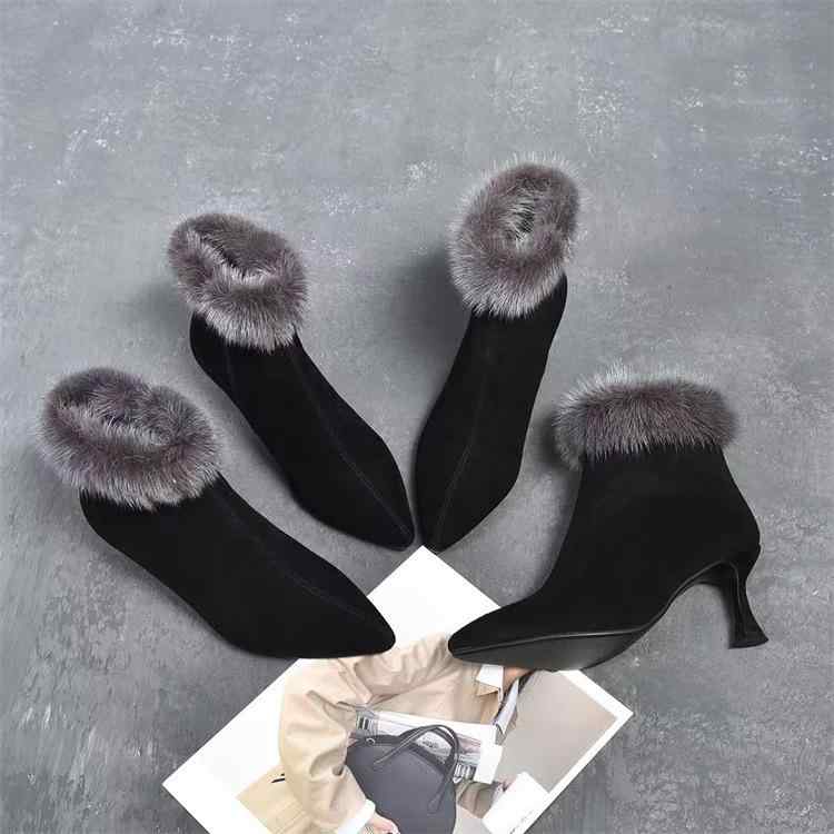 秋冬 レディース ショートブーツ 本革 スエード ミンクファー 細ヒール 尖頭 暖か ハイヒール 女性用 気質 エレガント 吸湿速乾