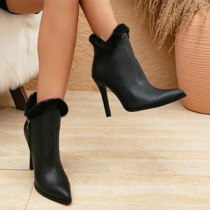 秋冬 レディース 細ヒール 高跟 ポインテッドトゥ サイドジッパー ファー付き ショートブーツ 軽量 吸湿速乾 綿素材 ブラック ピンク系 通勤 通学 アウトドア 部屋着