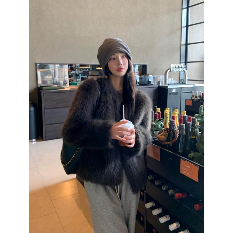 ファーコート レディース 秋冬 エコファー 狐狸毛風 皮毛一体 高級感 グレー ブラウン モコモコ 暖か ..