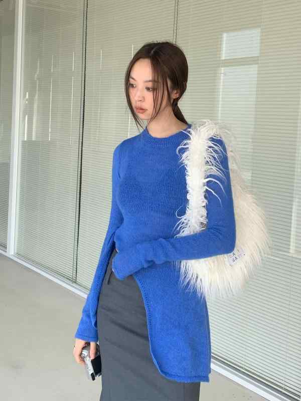 レディース 春夏 ニットセーター ラウンドネック ロング丈 サイドリボン 柔らか素材 デザイン トップス 吸湿速乾 軽量