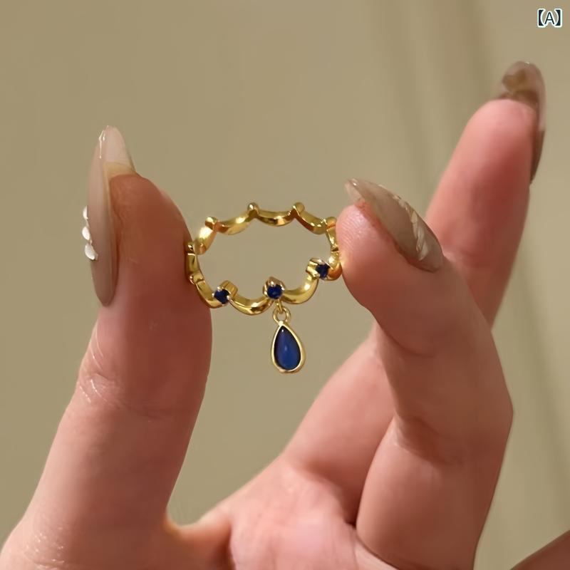 指輪 レディース 水滴型 ブルー 花辺デザイン 復古 宮廷風 ジルコニア 925シルバー 神秘 スカート風 芸術的 クラシック アクセサリー 日常使い ギフト向き 高級感 輝き 繊細 スタイリッシュ モード