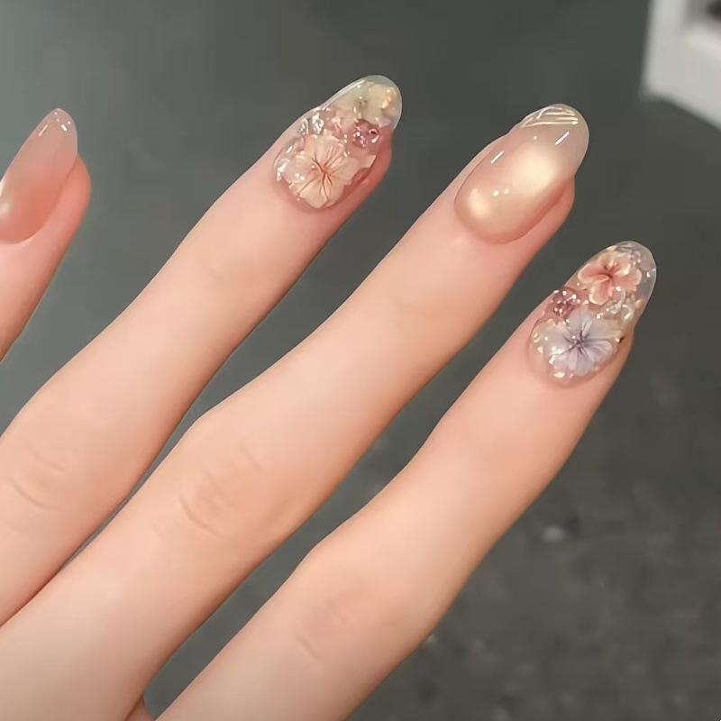 Rakuten - 付け爪 レディース アイリス柄 フラワーデザイン 手作り 高級感 ラインストーン スパークリング キャッツアイ ジュエリー風 取り外し式 人工爪 ネイルチップ