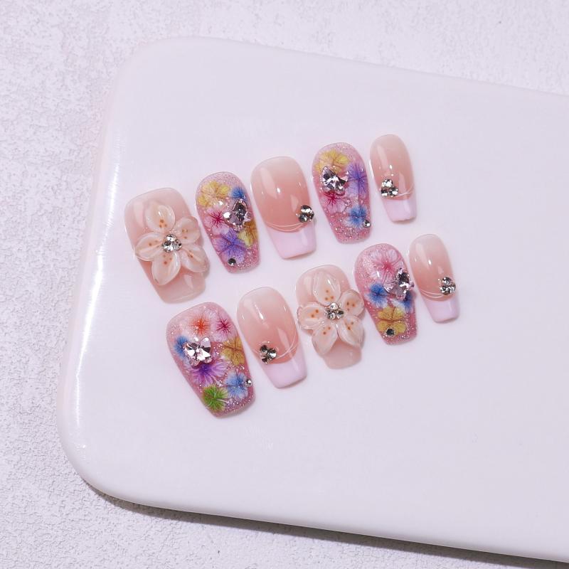 レディース 付け爪 フレンチスタイル ドライフラワー 彫花 手作り 高級感 気質 百搭 着脱式 ネイルチップ 指甲片 純手工 精品 跨境款