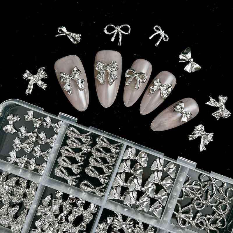 ネイルアクセサリー シルバー 合金 蝶結 リボン 高級感 金属 ネイルパーツ DIY セット 軽奢 指甲飾り ..