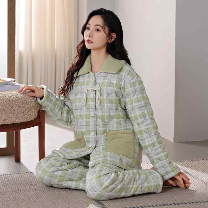 ルームウェア レディース 長袖 開衫 三層 加厚 保暖 珊瑚絨 純綿 ニット 加絨 ホームコート 外着 秋冬 ..