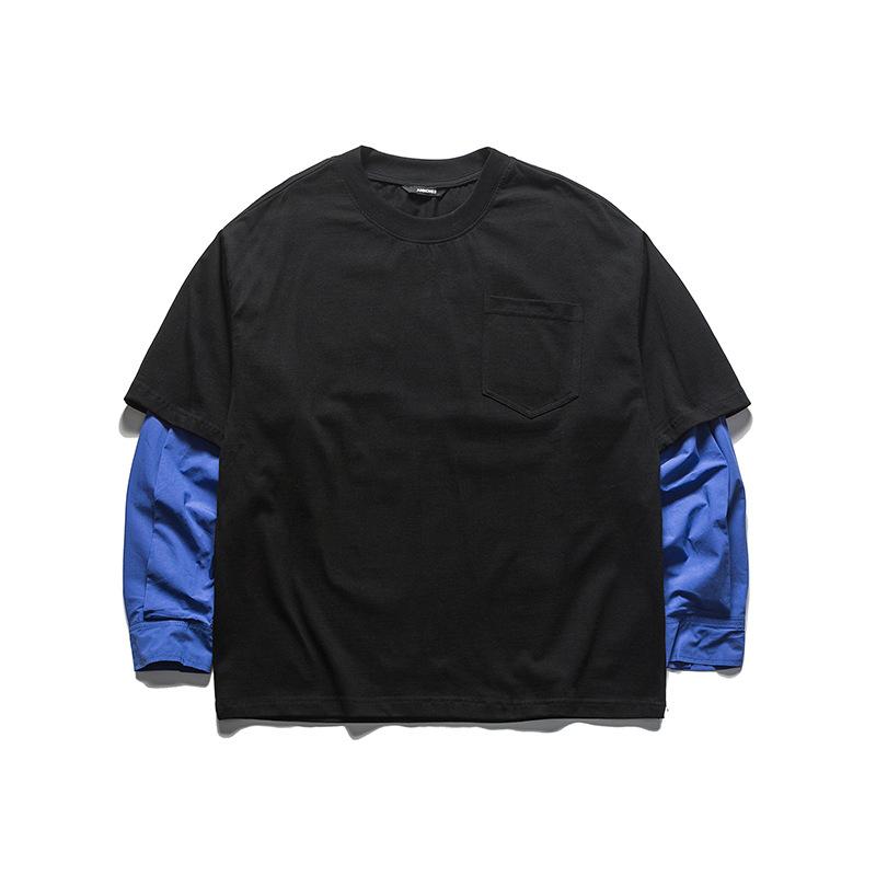 乐天商城 - Tシャツ メンズ 秋冬 ピンカラー フェイク2ピース ラウンドネック プルオーバー 長袖 トップス