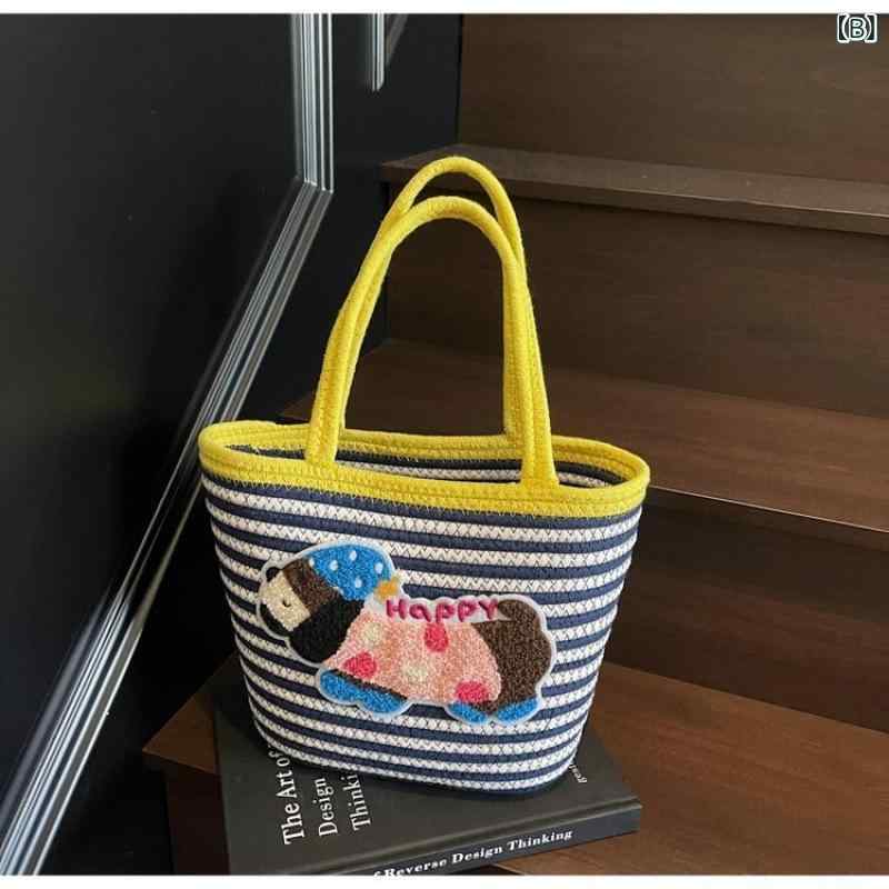 レディース トートバッグ ハンドバッグ バケツバッグ バスケットバッグ コットンロープ 編み込み ダックスフンド 犬 アニマル バイカラー 配色 大容量 大人可愛い カジュアル 高見え