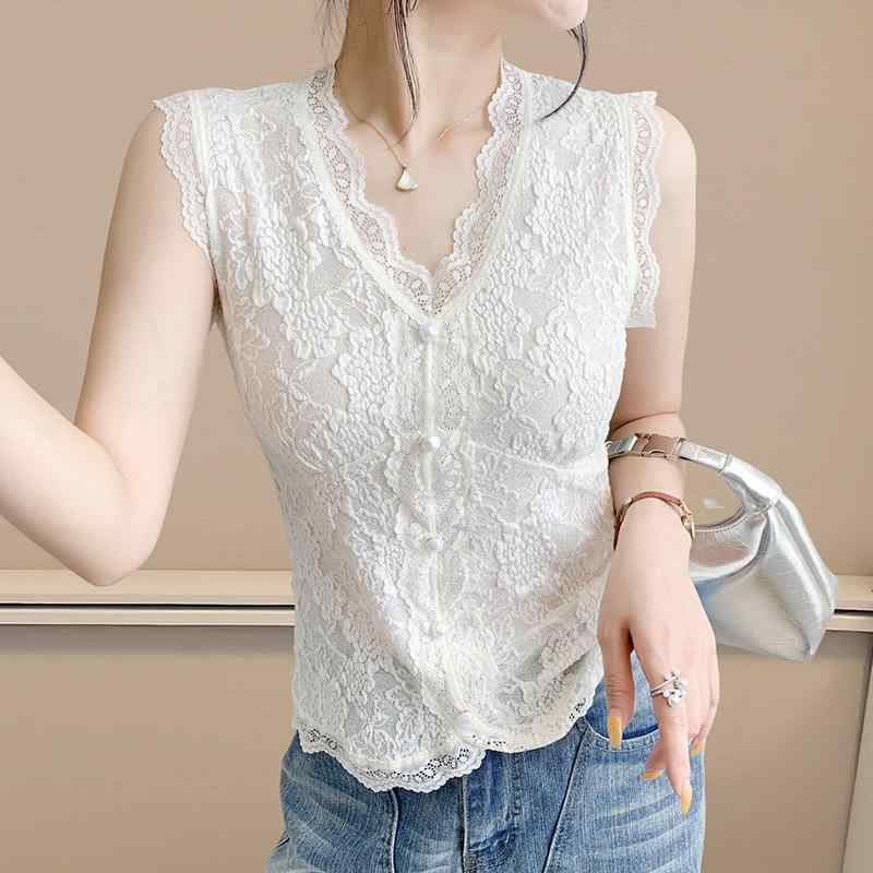 レディース トップス ベスト カーディガン ジレ ノースリーブ Vネック レース 切り替え プリント 総柄 チャイナ風 エスニック 上品 細見え インナー 重ね着 きれいめ 大人可愛い 夏