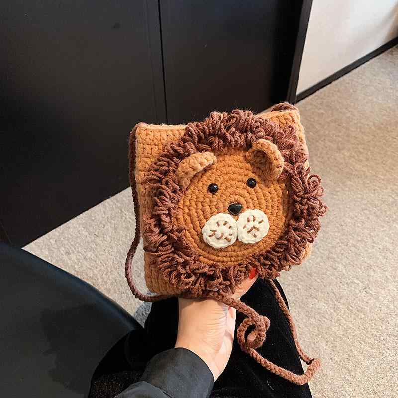 斜めがけバッグ レディース ハンドメイド 手編み かわいい 小さなライオン モチーフ 毛糸 クロシェ編み ミニバッグ 携帯電話ケース 小銭ポーチ ユニーク デザイン カジュアル ファッション
