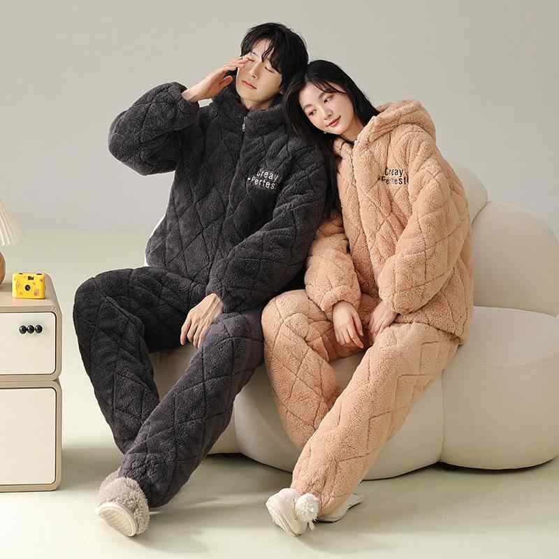 秋冬 パジャマ 男女兼用 厚手 珊瑚绒 3層 綿入 長袖 ルームウェア セット 保暖 ホームウェア 寝間着 フ..