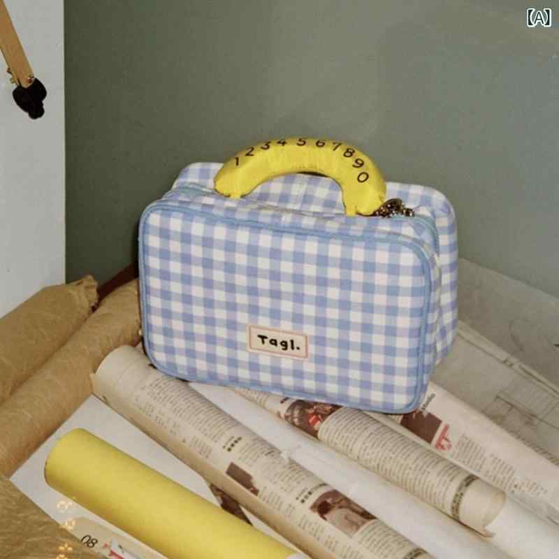 乐天商城 - 化粧ポーチ 学生 かわいい 格子柄 大容量 携帯 外出 旅行 収納 洗面具 化粧品 トイレタリー