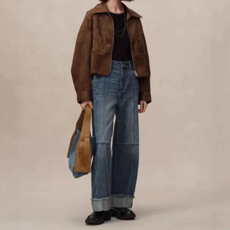 ショートジャケット レディース 春夏 ルーズシルエット キャラメルブラウンカラー スエードベルベット..