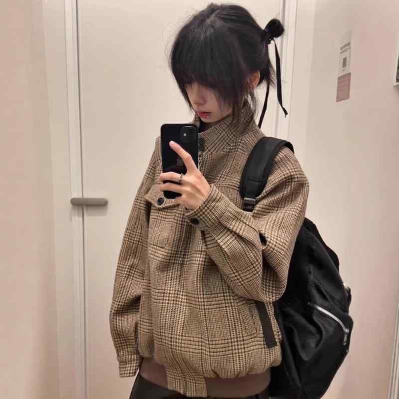 ジャケット 男女兼用 秋冬 アメリカンスタイル レトロ 千鳥格子 ハリントン ショート丈 高級感 立襟 ク..