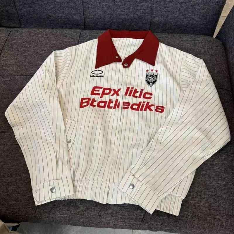 野球ジャケット 男女兼用 春秋 アメリカン レトロ ゆったり カジュアル 白 ストライプ スタンドカラー ..