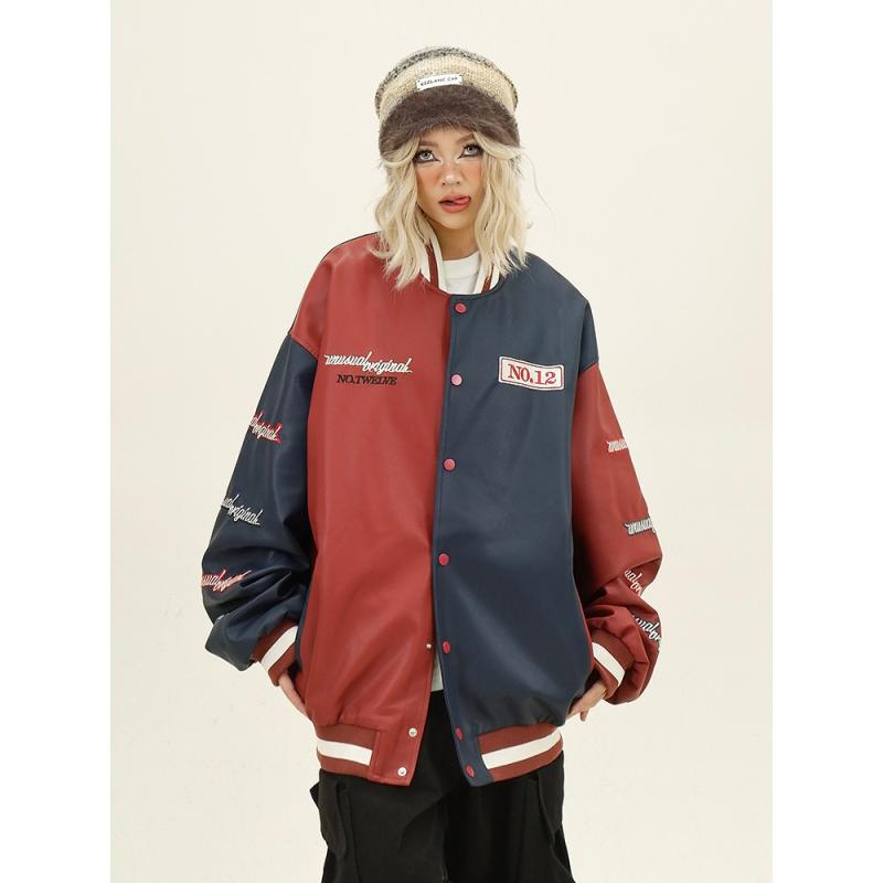 野球ジャケット 男女兼用 PUレザー ミックスカラー ルーズフィット 秋冬 レーシング風 アメリカンスタ..