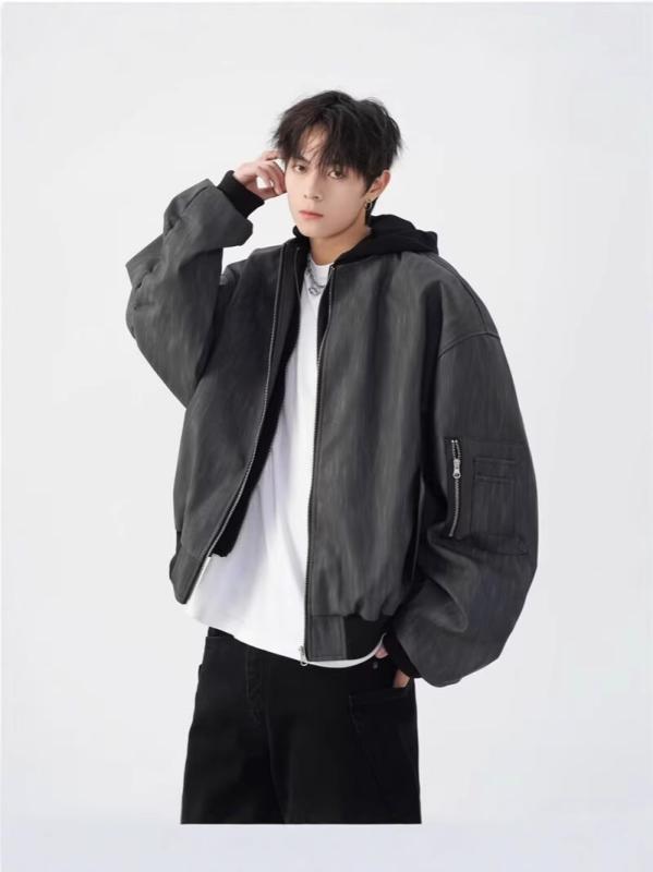 ジャケット 男女兼用 レトロ 野球 アメリカン ゆったり カジュアル フード付き ショート丈 革調 春秋 ..