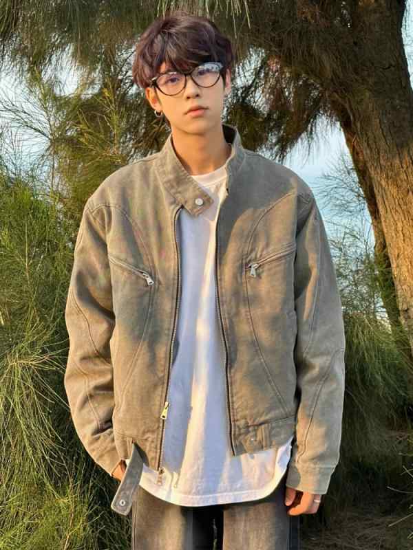 ジャケット メンズ デニム グレー ウォッシュ加工 ハリントン スタンドカラー ビンテージ アメリカンス..