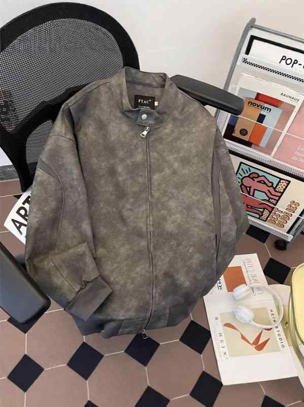 メンズ 革ジャケット レトロ アメリカンスタイル タイダイ柄 切り替えデザイン パイロットジャケット ..