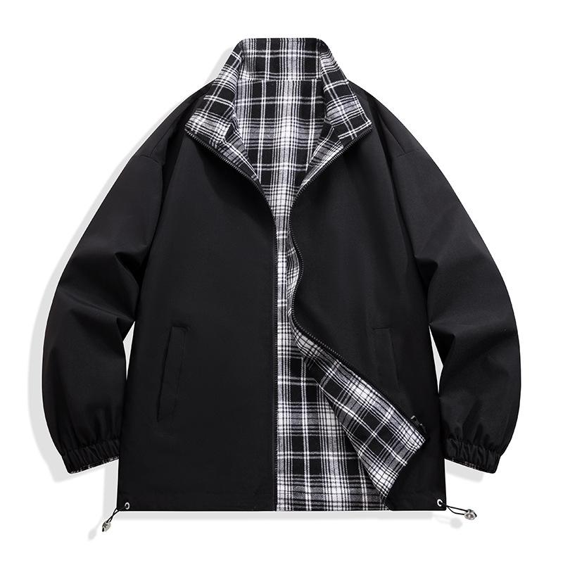 ジャケット メンズ チェック柄 リバーシブル 春秋 防風 スタンドカラー クール 学生 野球風 アウトドア..