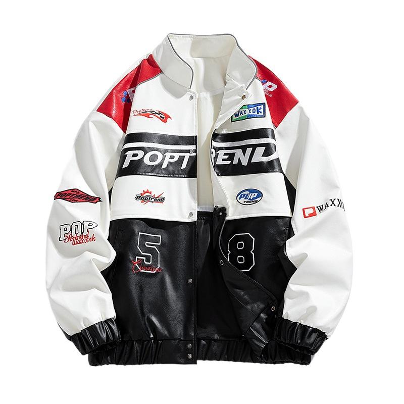 ジャケット 男女兼用 レトロ ゆったり レーシング バイク風 取り外しフード 野球風 上着 ストリート カ..