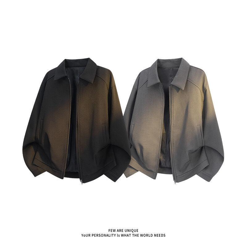 メンズ スーツジャケット グレー ショート丈 パッドショルダー 春秋 ラペル アメリカンスタイル トレンド 行政風 棒球服 切り替えデザイン 軽量 吸湿速乾 ビジネス カジュアル 通勤 部屋着