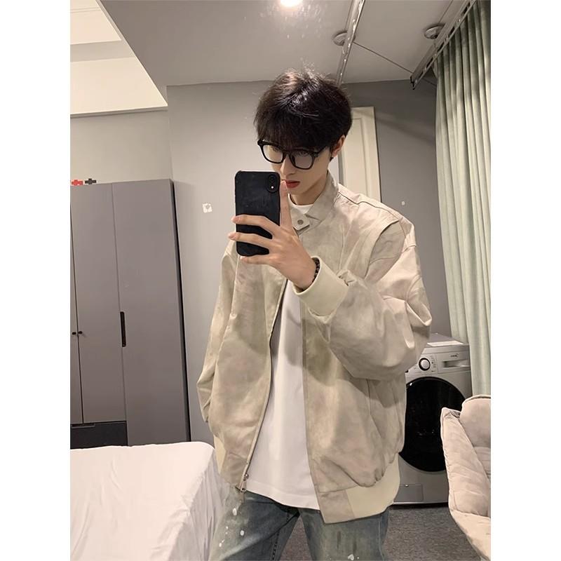 メンズ 革ジャケット アメリカン レトロ タイダイ 切り替え パイロット ショート丈 春秋 棒球風