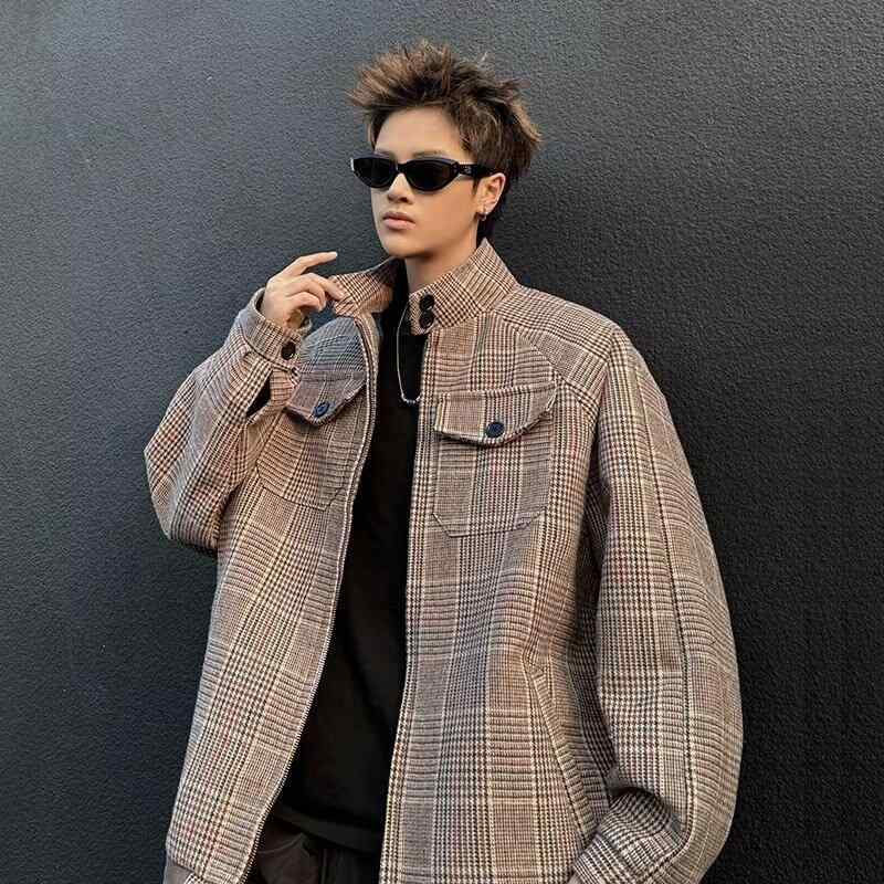 ジャケット メンズ 千鳥格紋 高級感 毛織 レトロ アメリカンスタイル スタンドカラー 野球服
