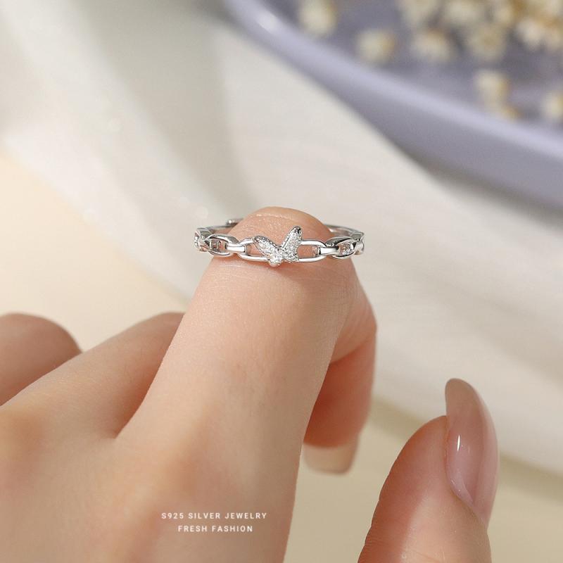 指輪 レディース S925純銀 韓国風 インスタ風 シンプル バタフライ チェーン ユニークデザイン 光沢 ア..