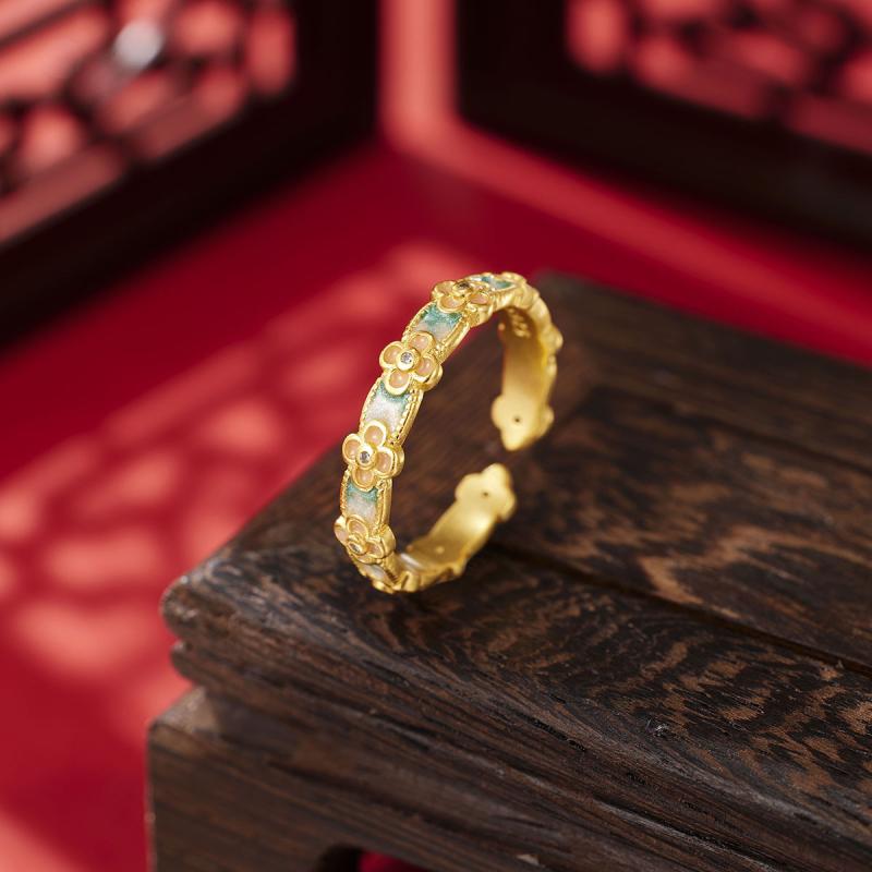 指輪 レディース 中国風 花朵 開口 デザイン s925銀 鎏彩 加工 女性用 指環 かわいい アクセサリー ジ..