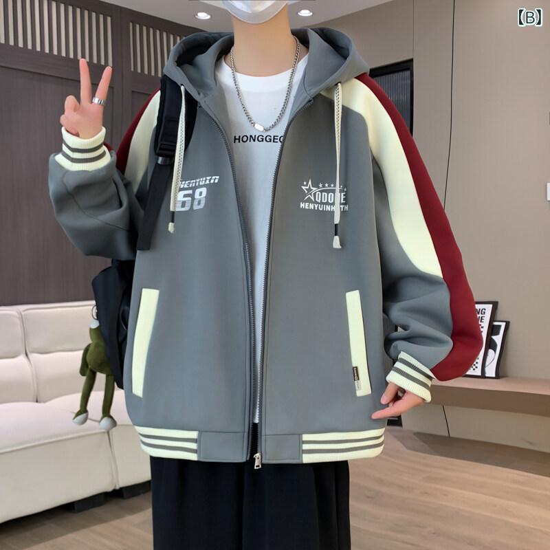 くらしのセロネのベースボールジャケット メンズ ゆったり 切り替え フード付き 春秋 カジュアル ファッション 青少年 ストリート レジャー トップス デイリー ユース コンフォート スタイル｜アングル3