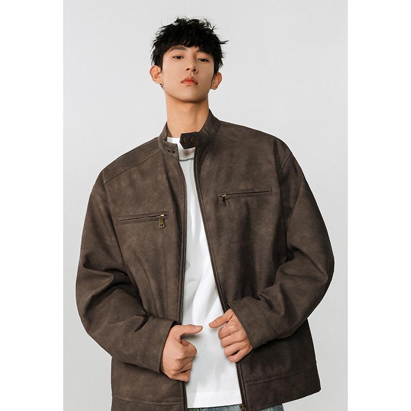 ハリントンジャケット メンズ 春秋 アメリカンスタイル ブラウン 立襟 PUレザー バイカー フライト 野球