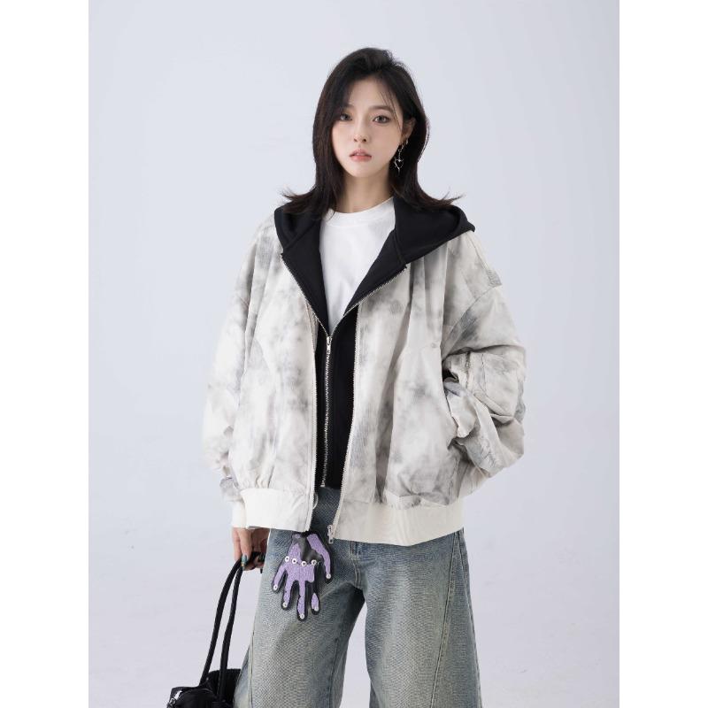 春夏 レディース 迷彩 フェイクリヤード フード 付き パイロット ジャケット カジュアル 野球 スタイル..