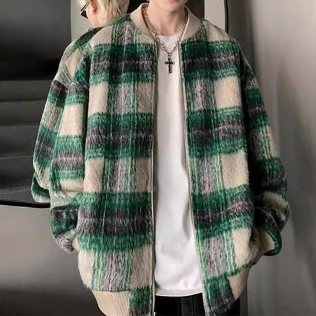 ジャケット メンズ チェック柄 高級感 ウール ゆったり カジュアル 春秋 野球服 レトロ 復古風 ストリ..