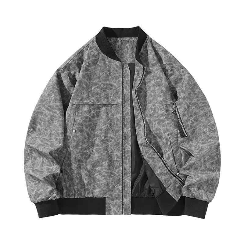 ダーティー ベースボールジャケット 男女兼用 春秋 トレンド モード リラックス カジュアル ストリートファッション ブラックカラー アウター コート ウェア