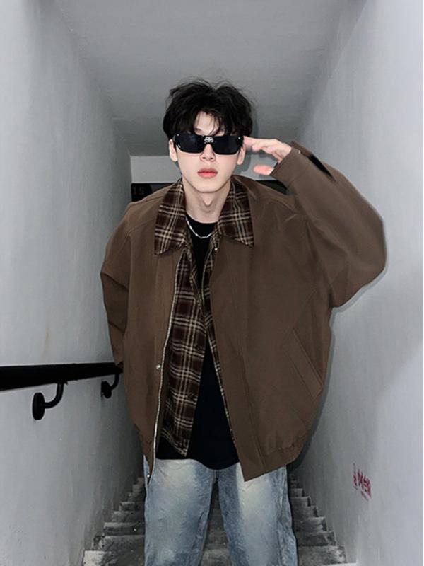 メンズ 野球ジャケット ビンテージ 茶色 春秋 フェイクツーピース ラペルカラー 短め 古着風 コートス..