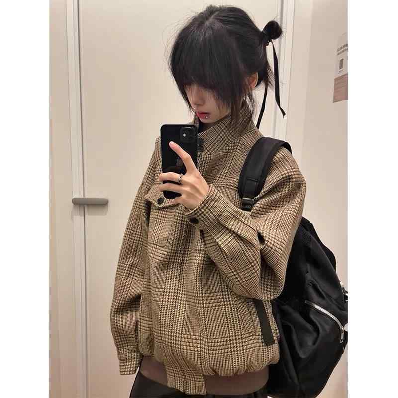 ジャケット メンズ 秋冬 vintage アメリカンスタイル 格子柄 スタンドカラー 短丈 野球風 正肩 切り替..