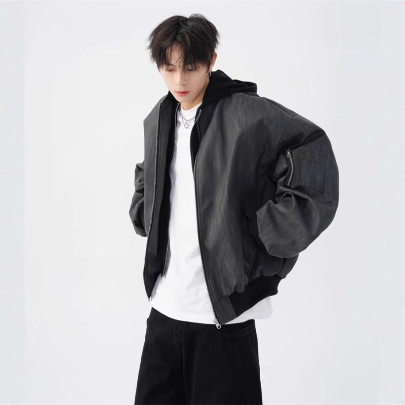 野球ジャケット メンズ アメリカン レトロ 春秋 ゆったり カジュアル フード付き ショート丈 PUレザー ..